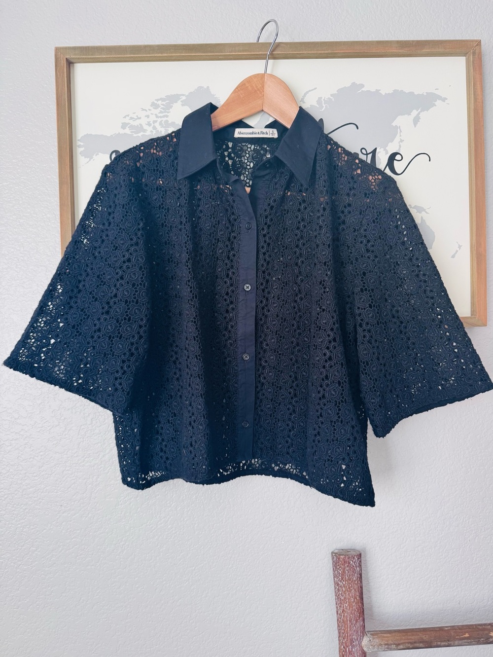 Black womens lace crochet button up blouse A&F Small